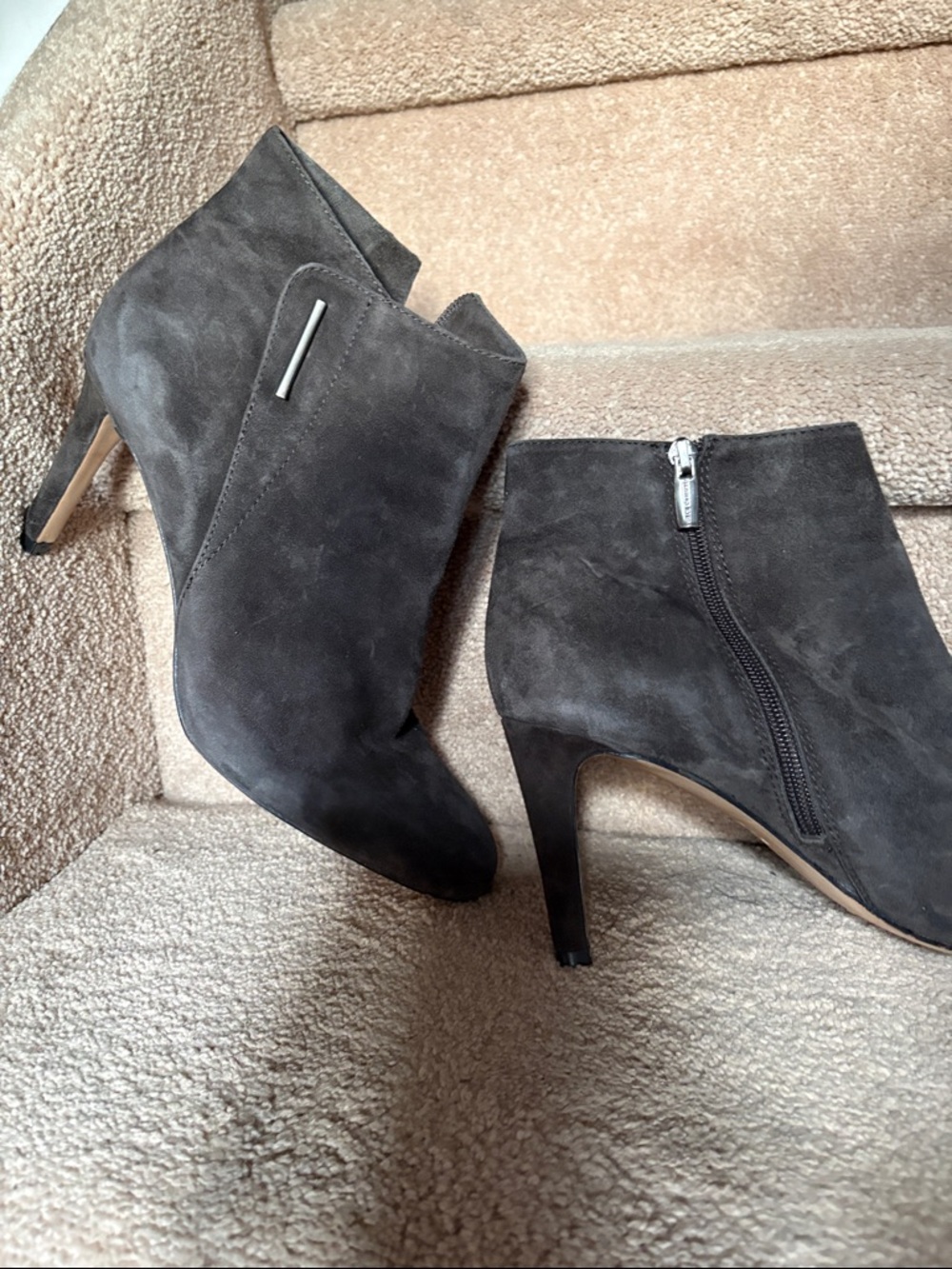 Vince Camuto Gray Suede Ankle Booties with Stiletto Heel in 9 1/2”